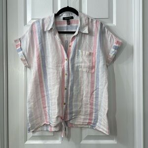 Ellen Tracy linen button tie front short sleeve shirt